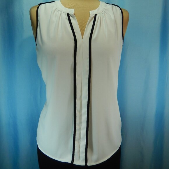 Calvin Klein White Sleeveless V-Neck with Black Piping Size Small Career Top EUC - Picture 2 of 10
